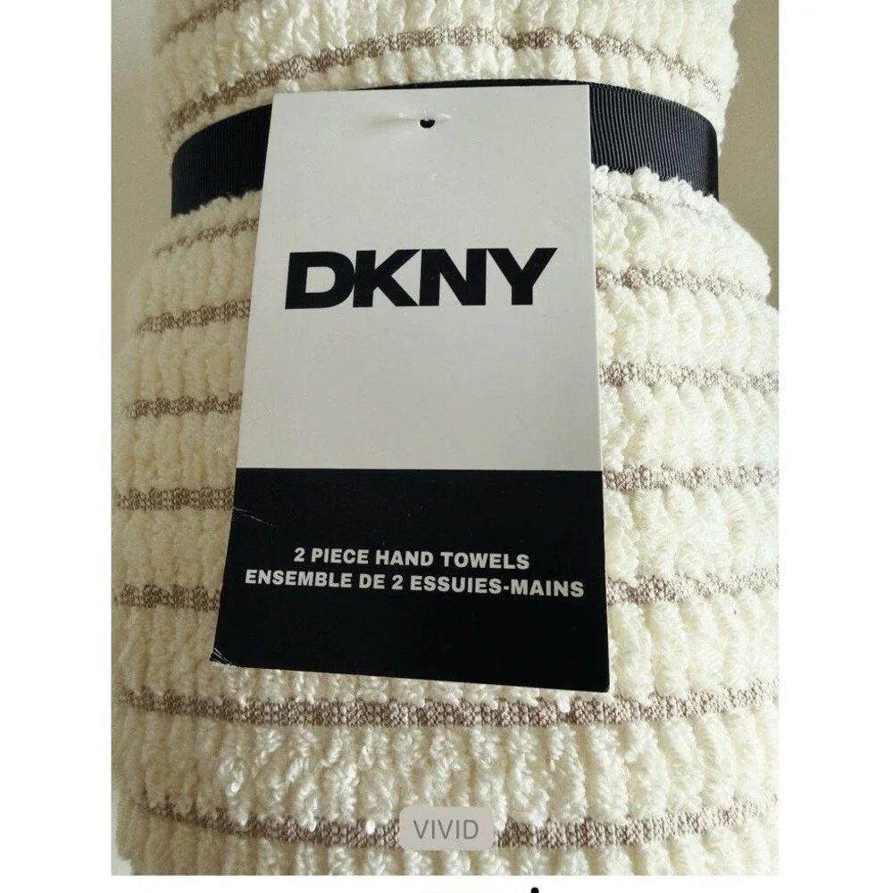 DKNY Hand Towels Set of 2 Ivory Gray Stripe Textured Cotton 16x28 Super Soft